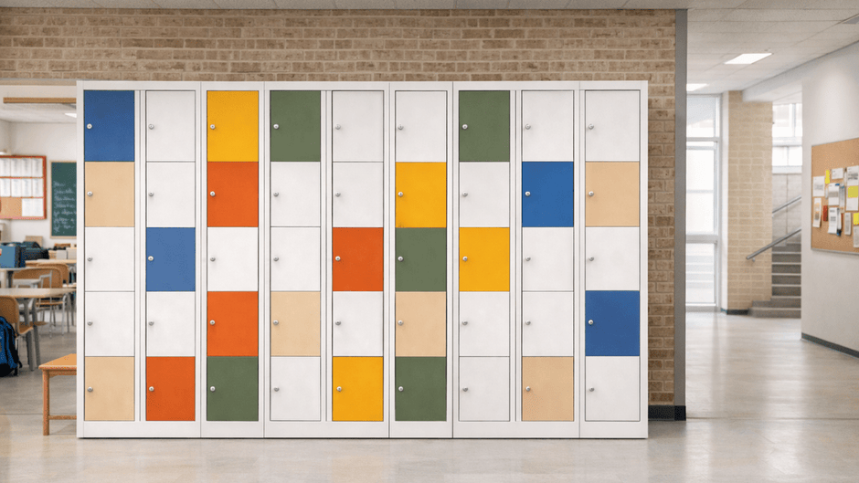 Multi colour lockers in schoolomgeving