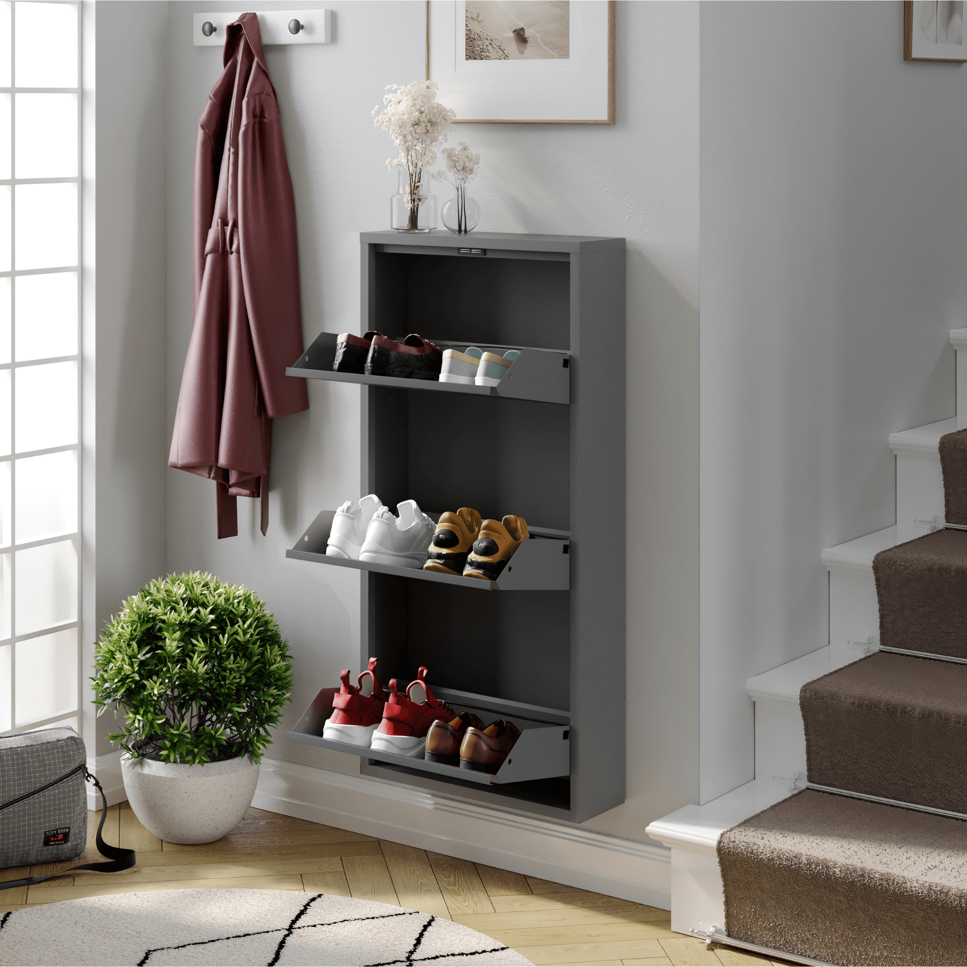 Schoenenkast Bodi 3-vaks Clay Grey in de hal