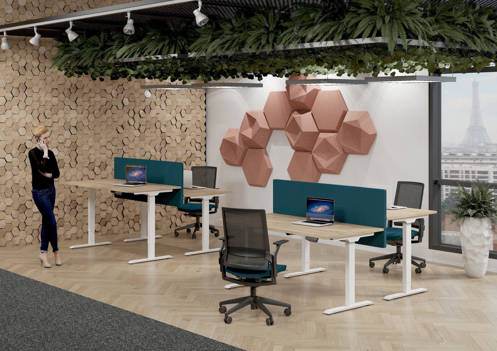 Sfeer render van werkplekken met elektrisch verstelbare bureaus van Ceha Europe in modern kantoor