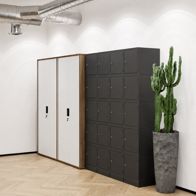 Cube lockerwand geplaatst in modern kantoor