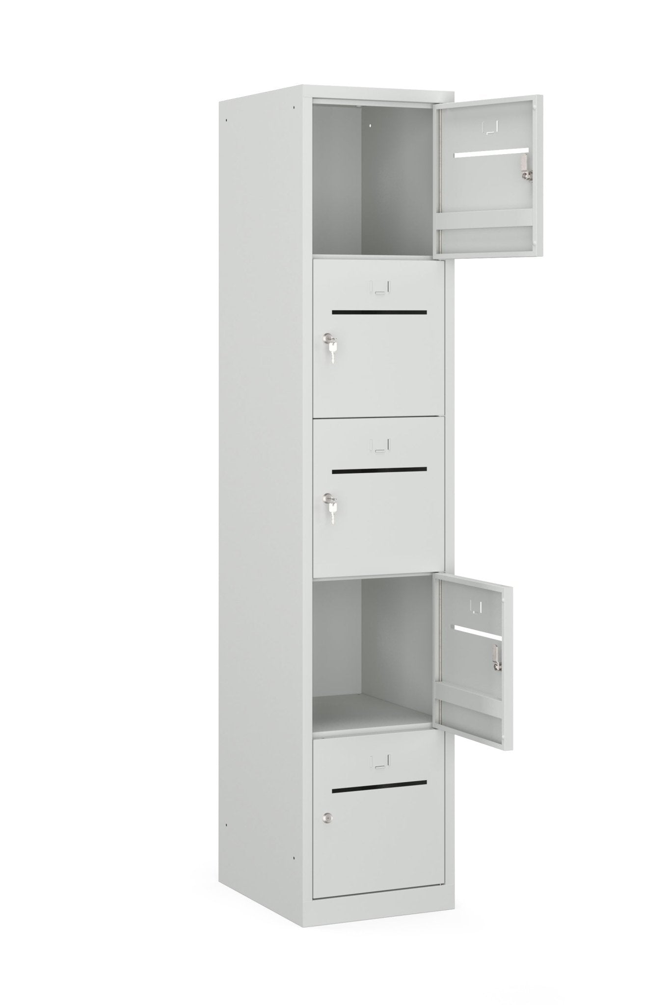 Veilige PHTB 195‑1.5 locker met open  deuren en cilinderslot in neutraal grijs