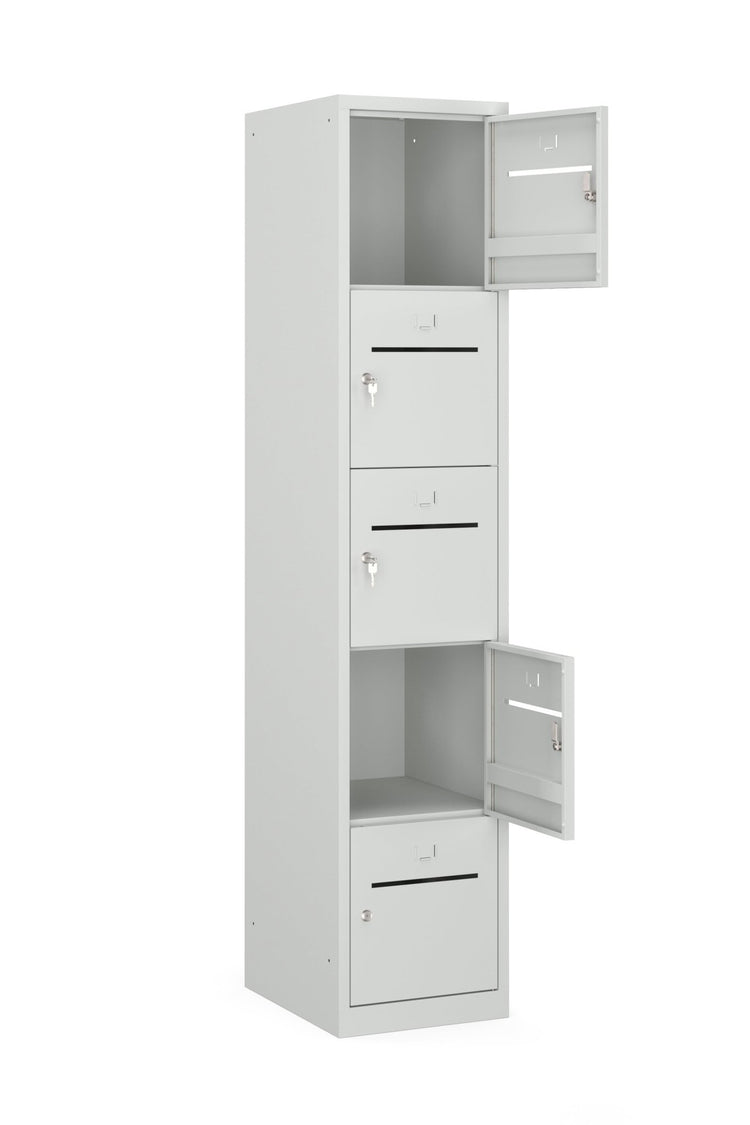 Veilige PHTB 195‑1.5 locker met open  deuren en cilinderslot in neutraal grijs