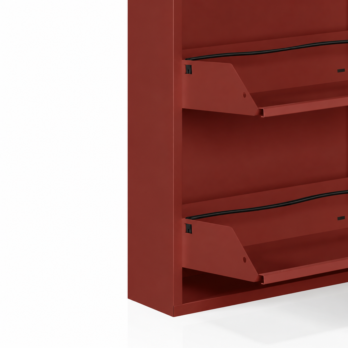 Detail vakken schoenenkast metaal rood