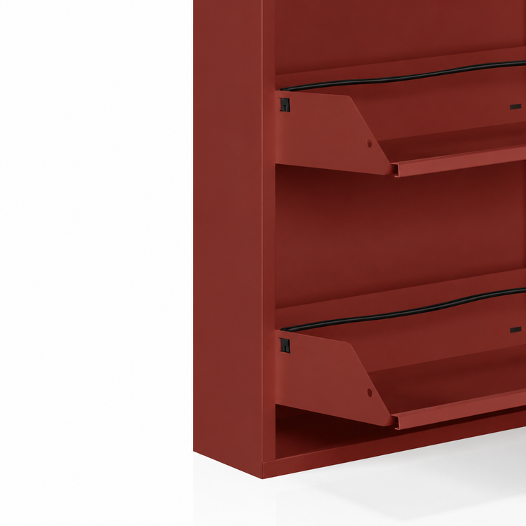 Detail vakken schoenenkast metaal rood