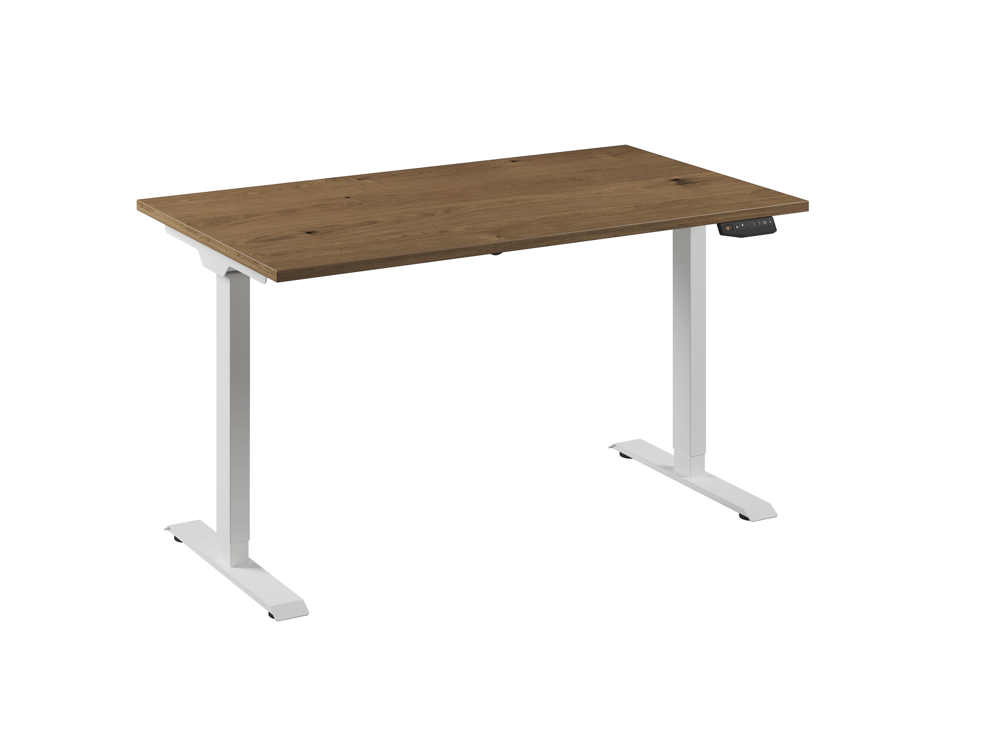 Sta/zit-bureau in hoogte verstelbaar met eiken tabak blad en wit onderstel