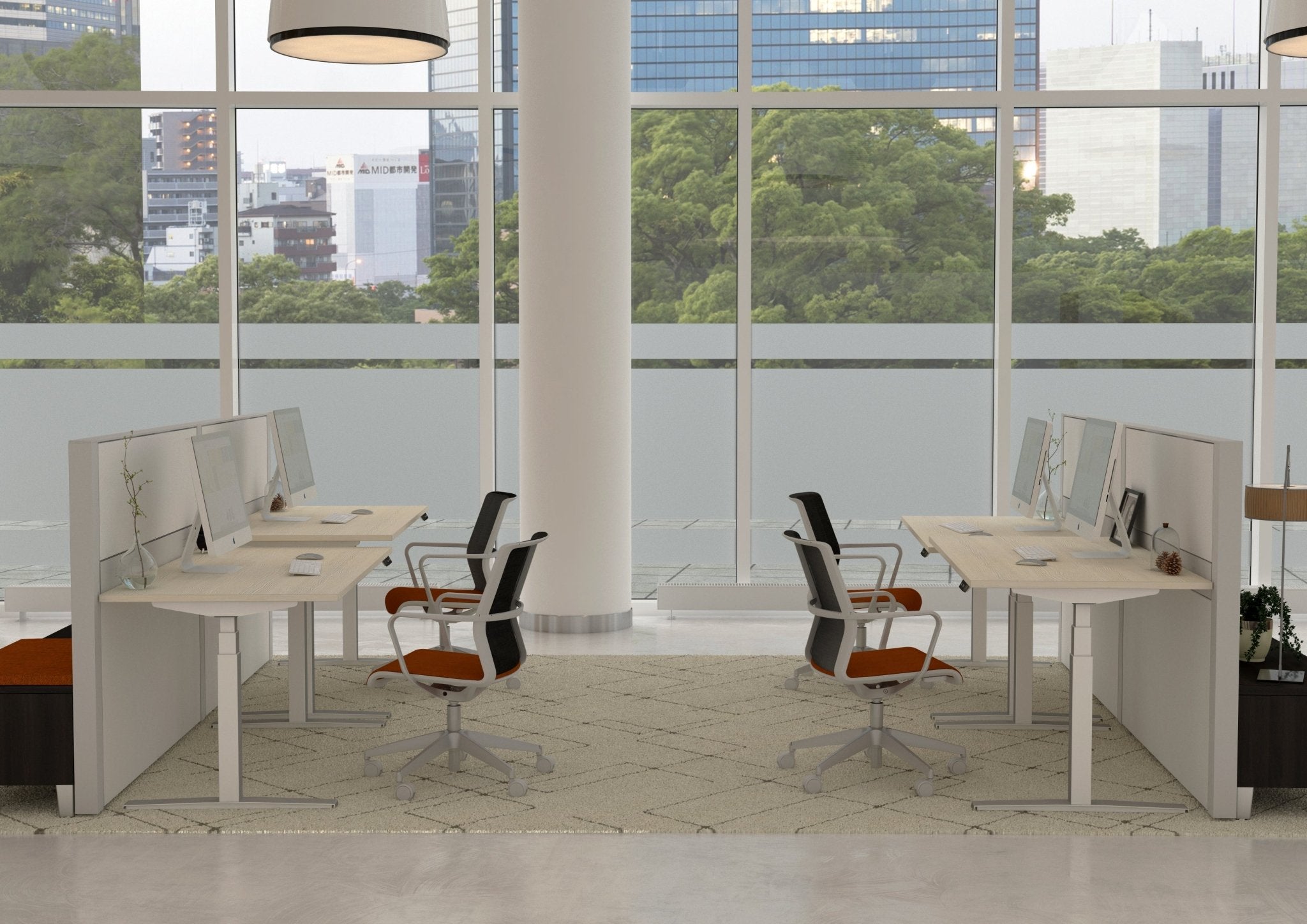 In hoogte verstelbaar bureau eiken wit blad met stille motoren.