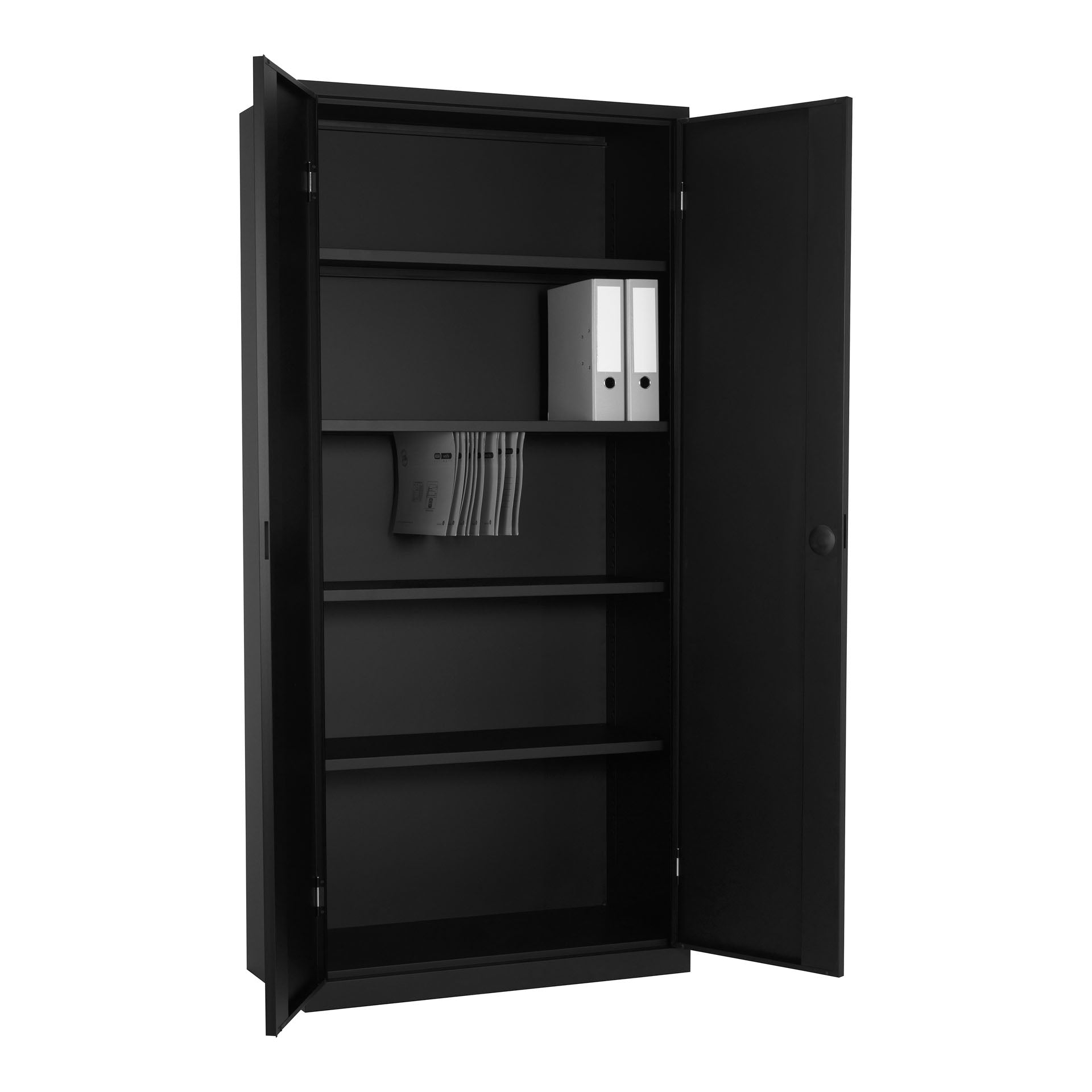 Binnenkant van zwarte CH draaideurkast met verstelbare legborden