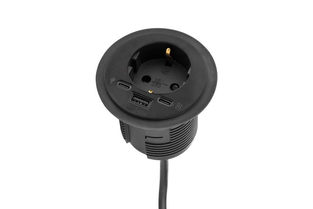 Filex Power-spot zwart met 230V, USB A+C en USB C data-aansluiting