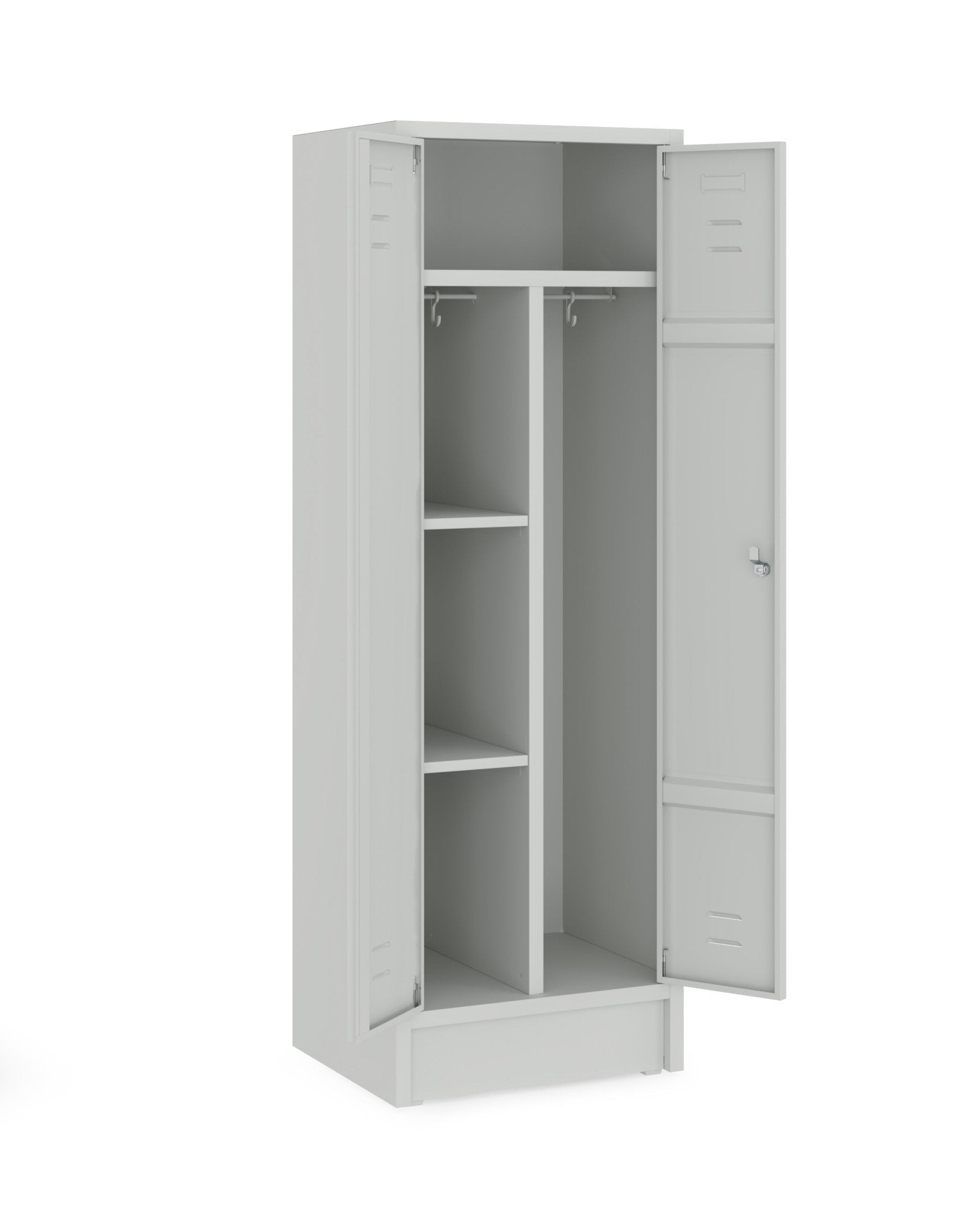 Grijze garderobekast met legborden en kledingroede en haken