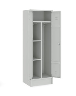 Grijze garderobekast met legborden en kledingroede en haken