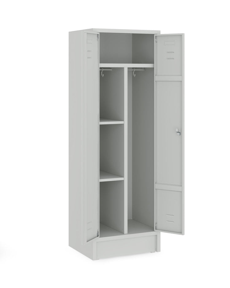 Grijze garderobekast met legborden en kledingroede en haken