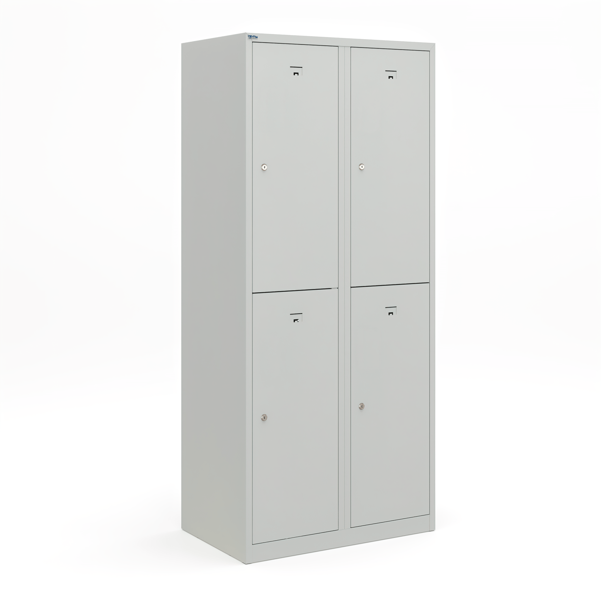 Grijze garderobekast met 4 vakken en valgrendelslot.