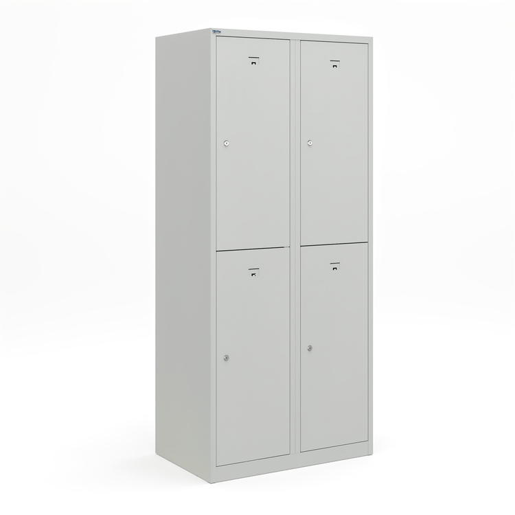 Grijze garderobekast met 4 vakken en valgrendelslot.