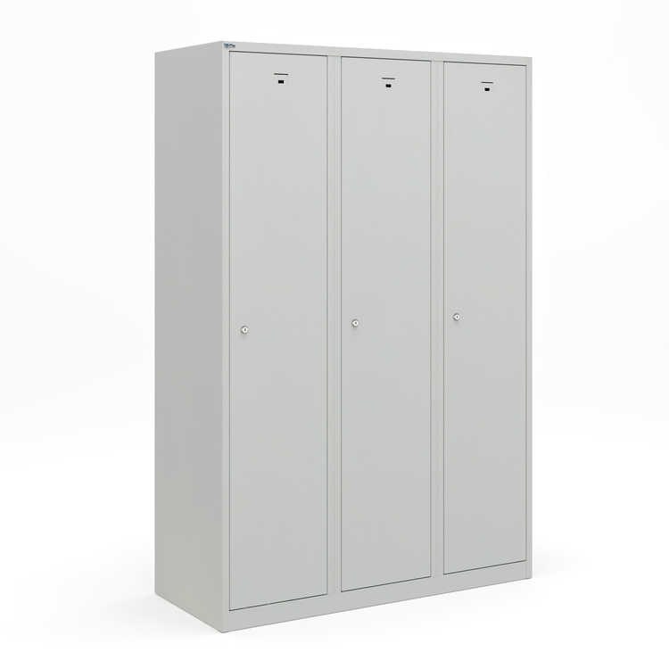 Grijze garderobekast met 3 deuren en valgrendelslot
