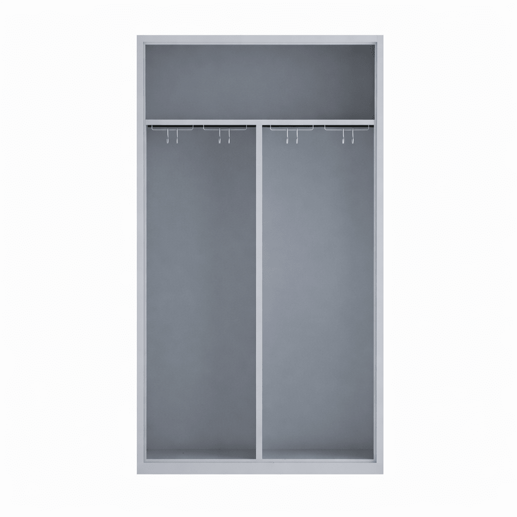 Grijze RHT kast met 2 hanggedeeltes en blauwe deuren