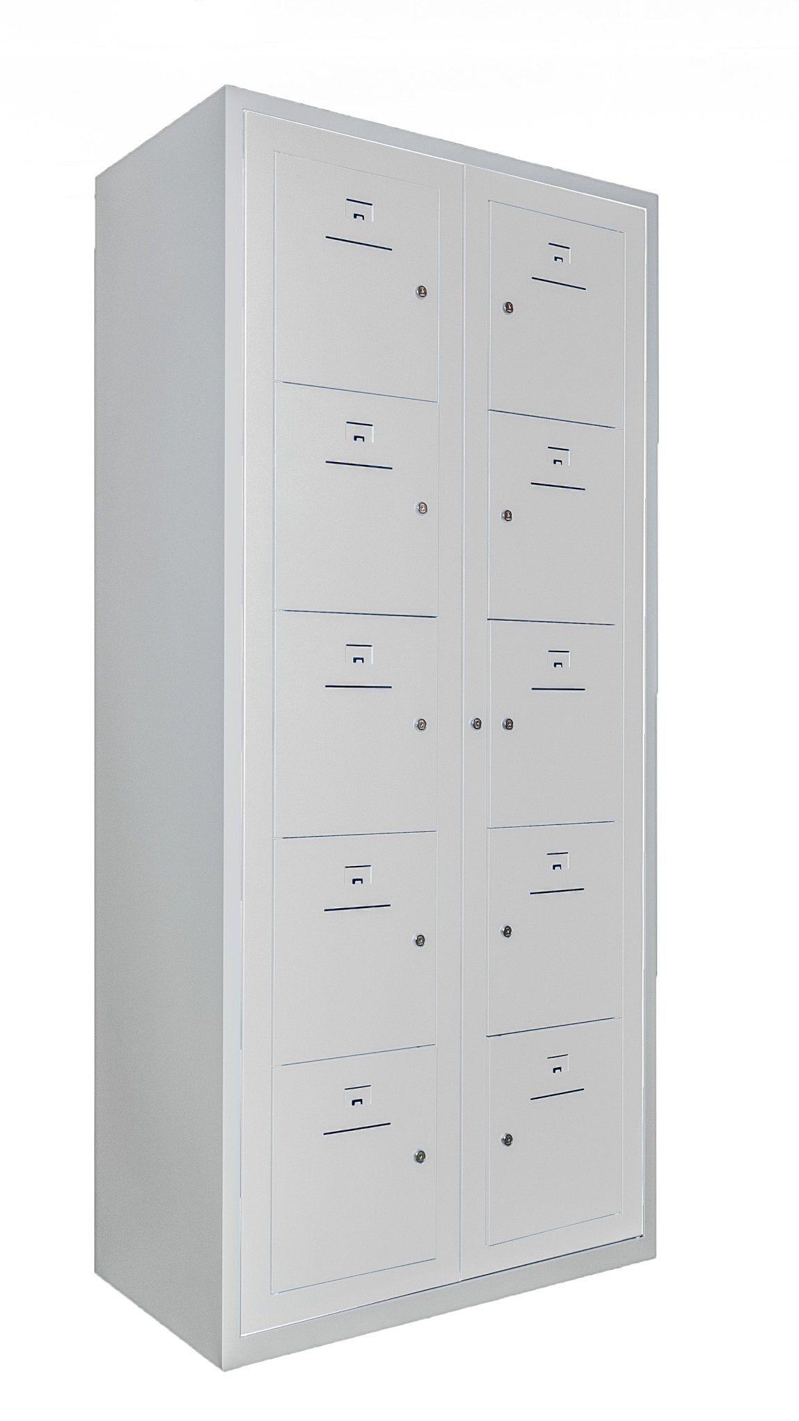 Grijze kledinguitgiftekast met 10 vakken en overdeur