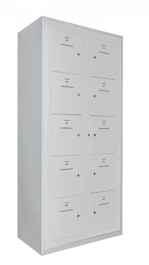 Grijze kledinguitgiftekast met 10 vakken en overdeur