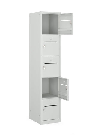 Veilige PHTB 195‑1.5 locker met open  deuren en cilinderslot in neutraal grijs