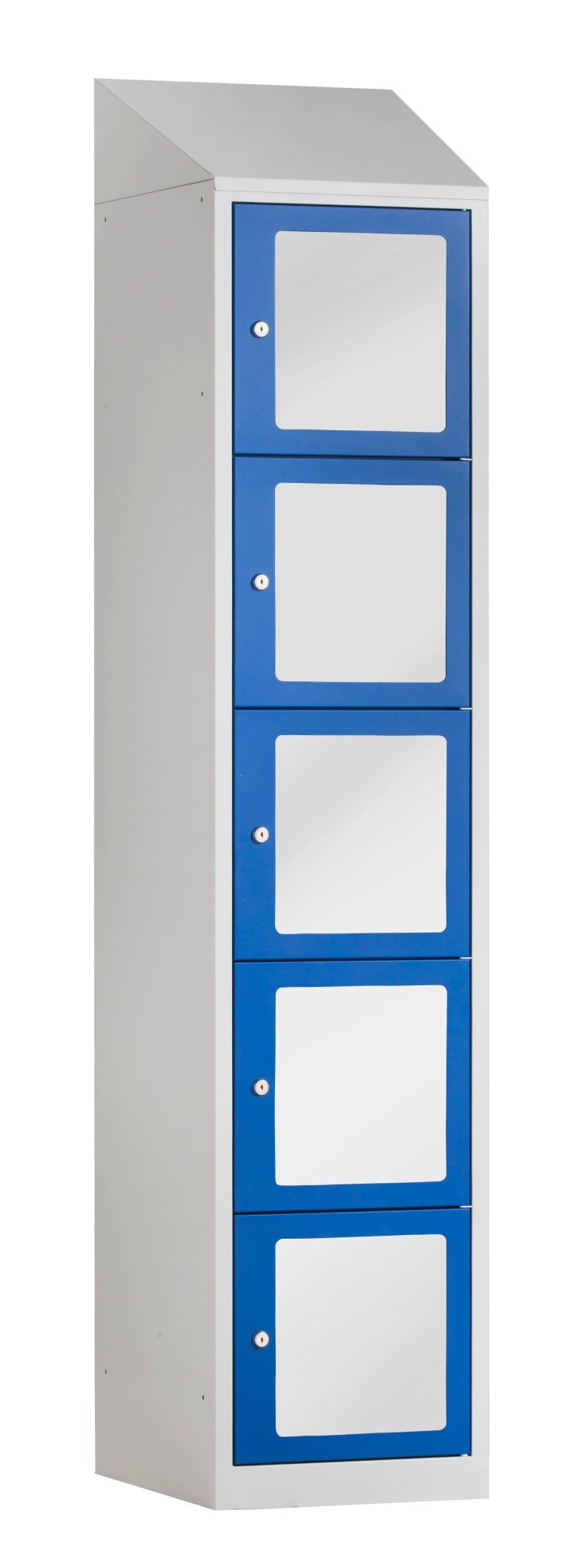 Grijze locker met acrylglas en blauwe deuren met valgrendelslot van Ceha Europe
