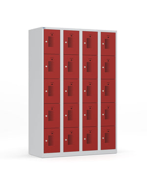 Lichtgrijs rode lockerkast met 20 vakken en valgrendelslot van Ceha Europe