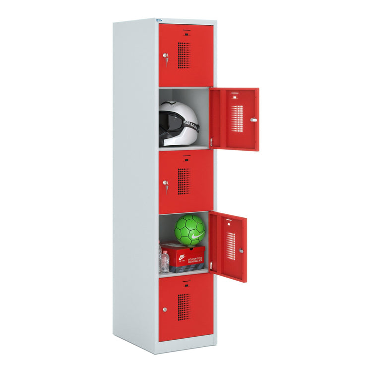 Grijs-rode lockerkast met 5 vakken en valgrendelslot van Ceha Europe