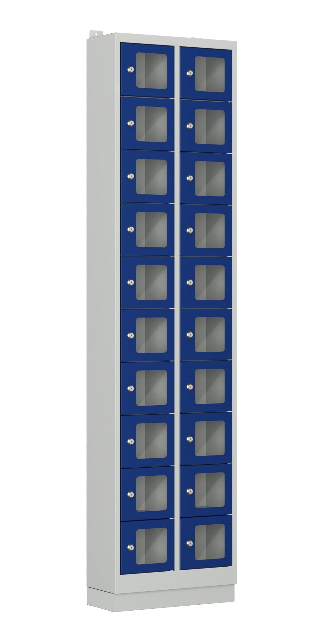 Mini locker 2.10 met blauwe deuren en acrylglas