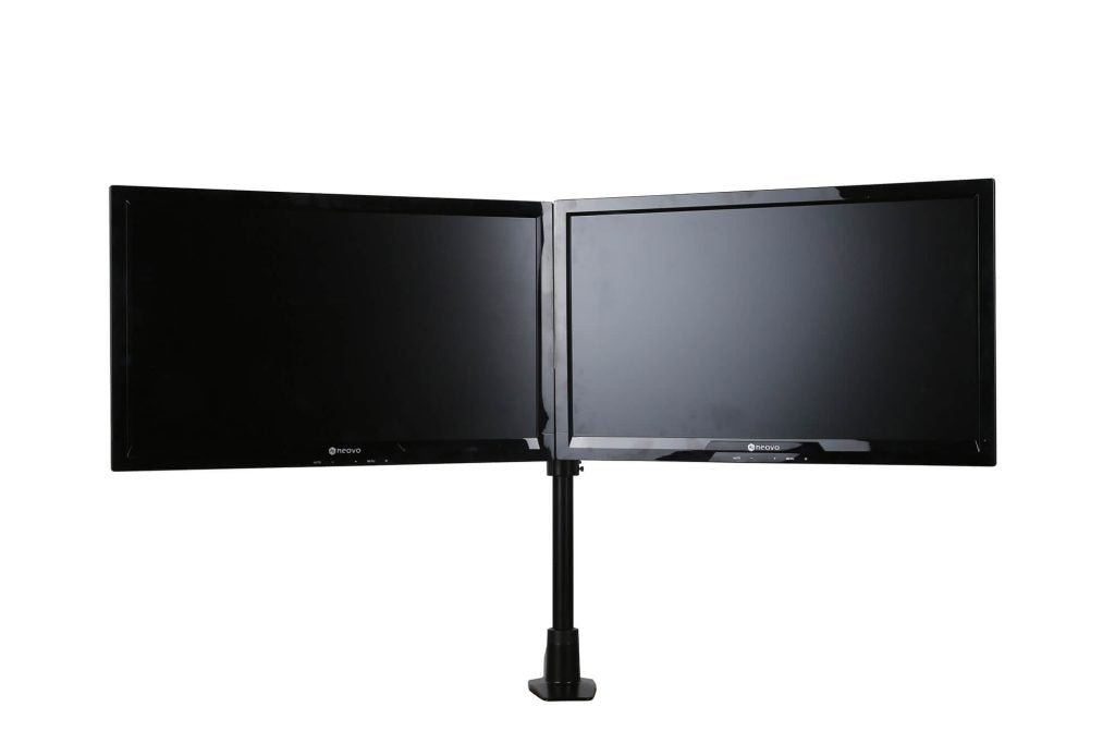 Zwarte Skylon monitoroplossing dubbel voor bureaus