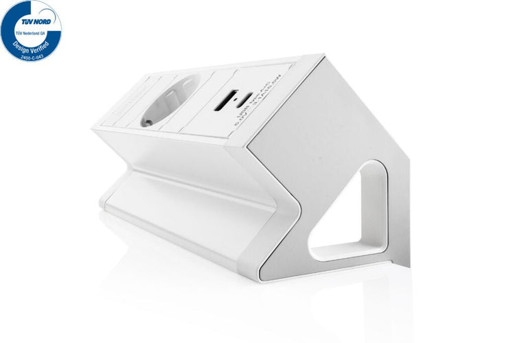 Witte werkplek opbouwunit met 1 stopcontact en 2 verschillende usb poorten