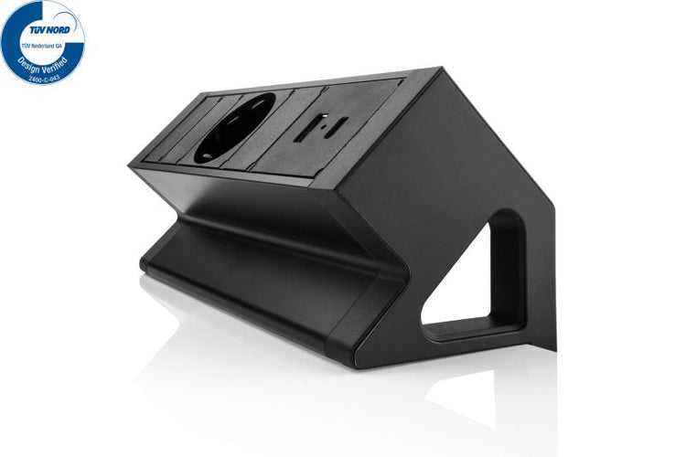 Zwarte werkplek opbouwunit met 1x 230V en USB A+C.