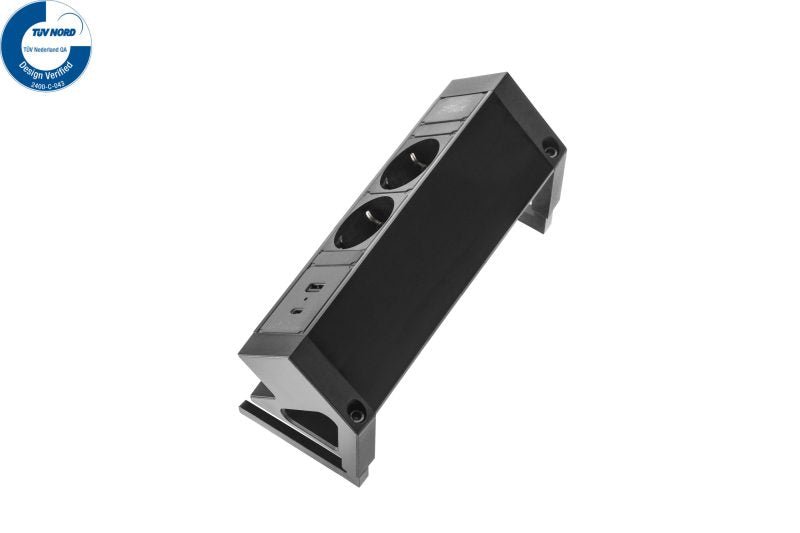 Zwarte werkplek opbouwunit met 2 stopcontacten en 2 USB poorten