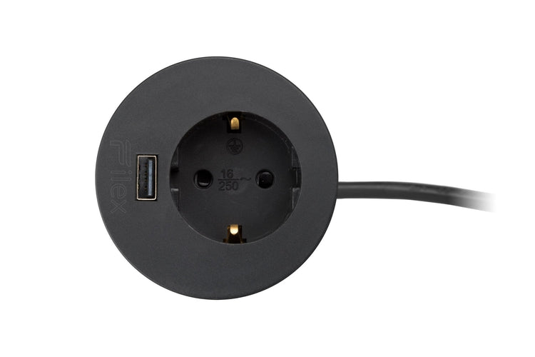 Zwarte Power-spot met één USB A en één 230V aansluiting