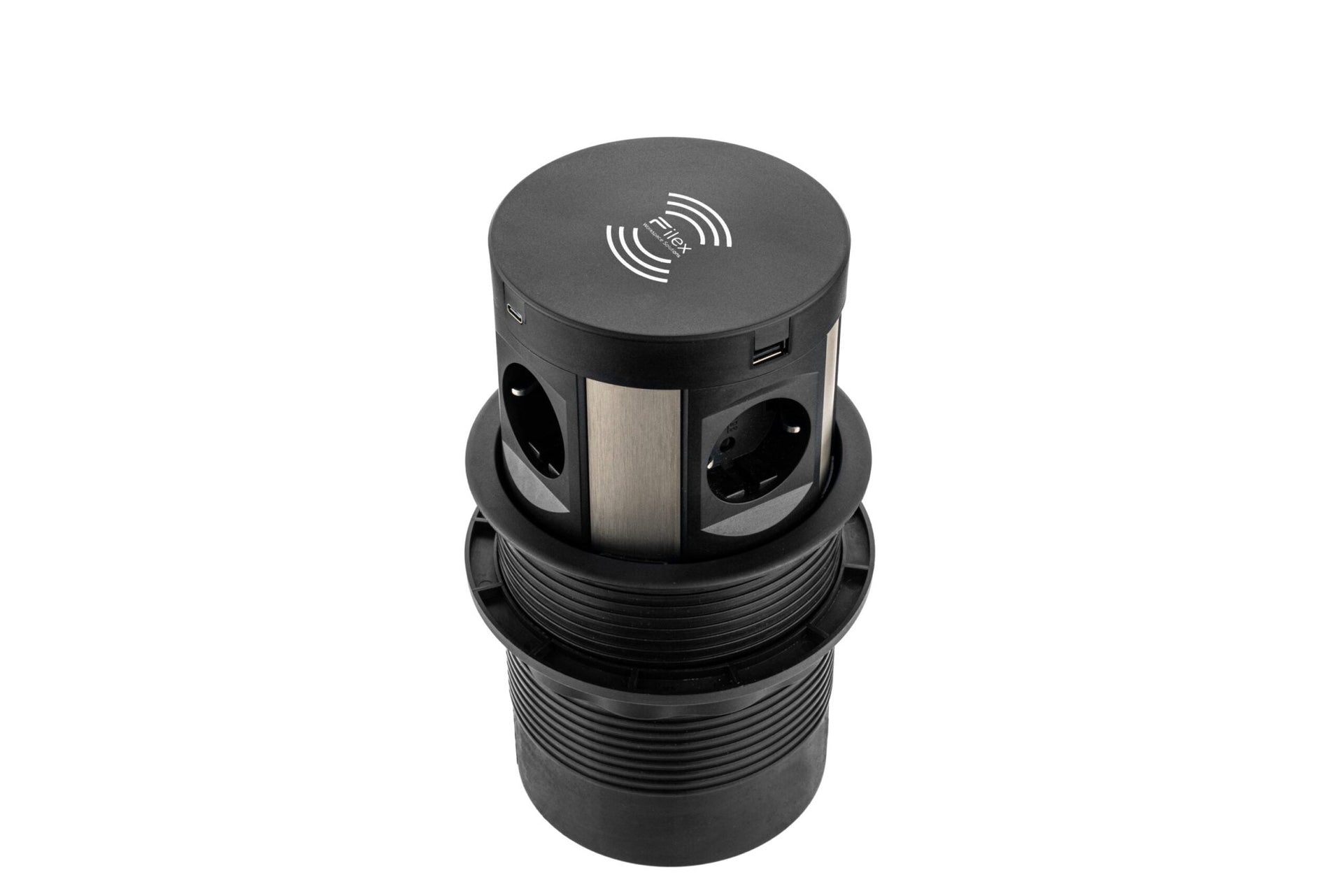 Inbouw pop-up module zwart met draadloze oplader en aansluitingen