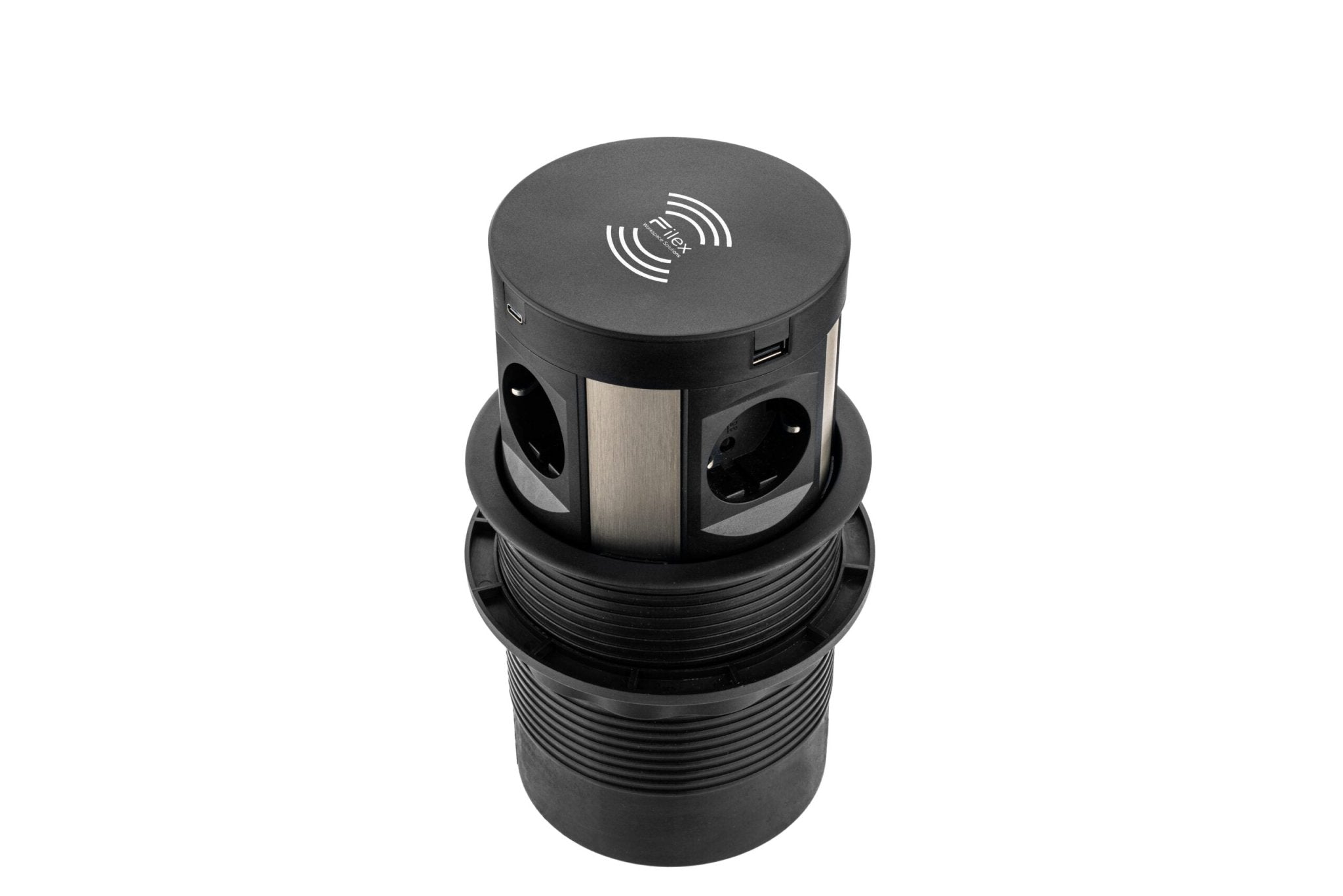 Inbouw pop-up module zwart met draadloze oplader en aansluitingen