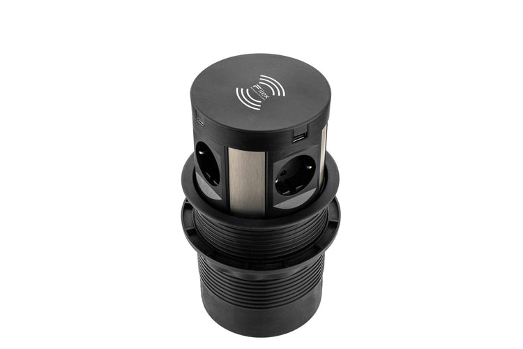 Inbouw pop-up module zwart met draadloze oplader en aansluitingen