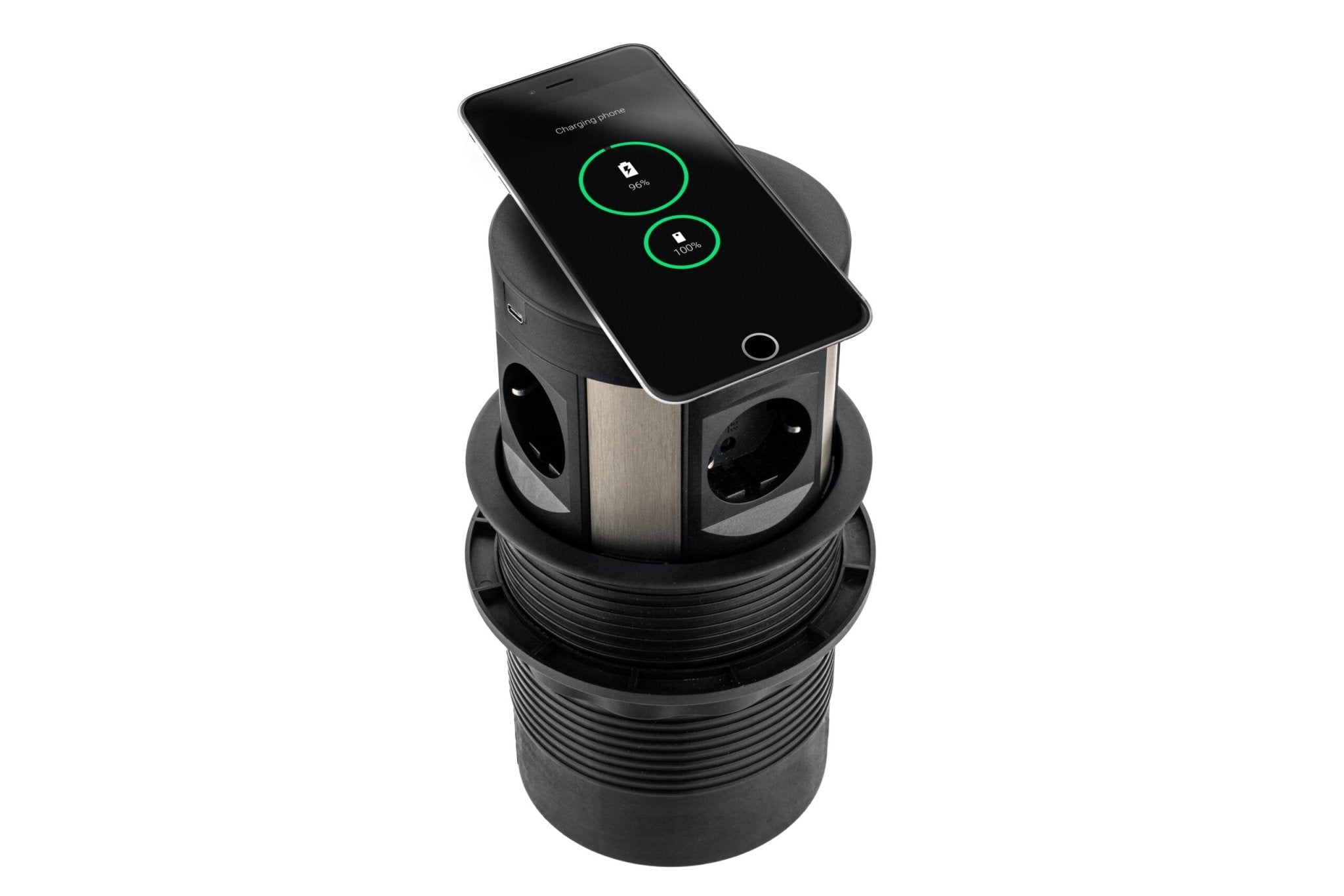 Zwarte Power Pop-up unit met QI-lader, 230V, USB en keystone