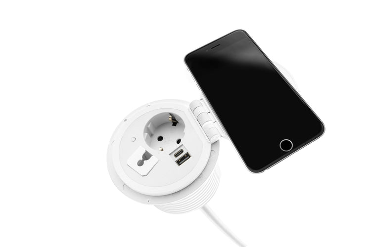Witte QI Power-spot met USB A, USB C en QI wireless charging