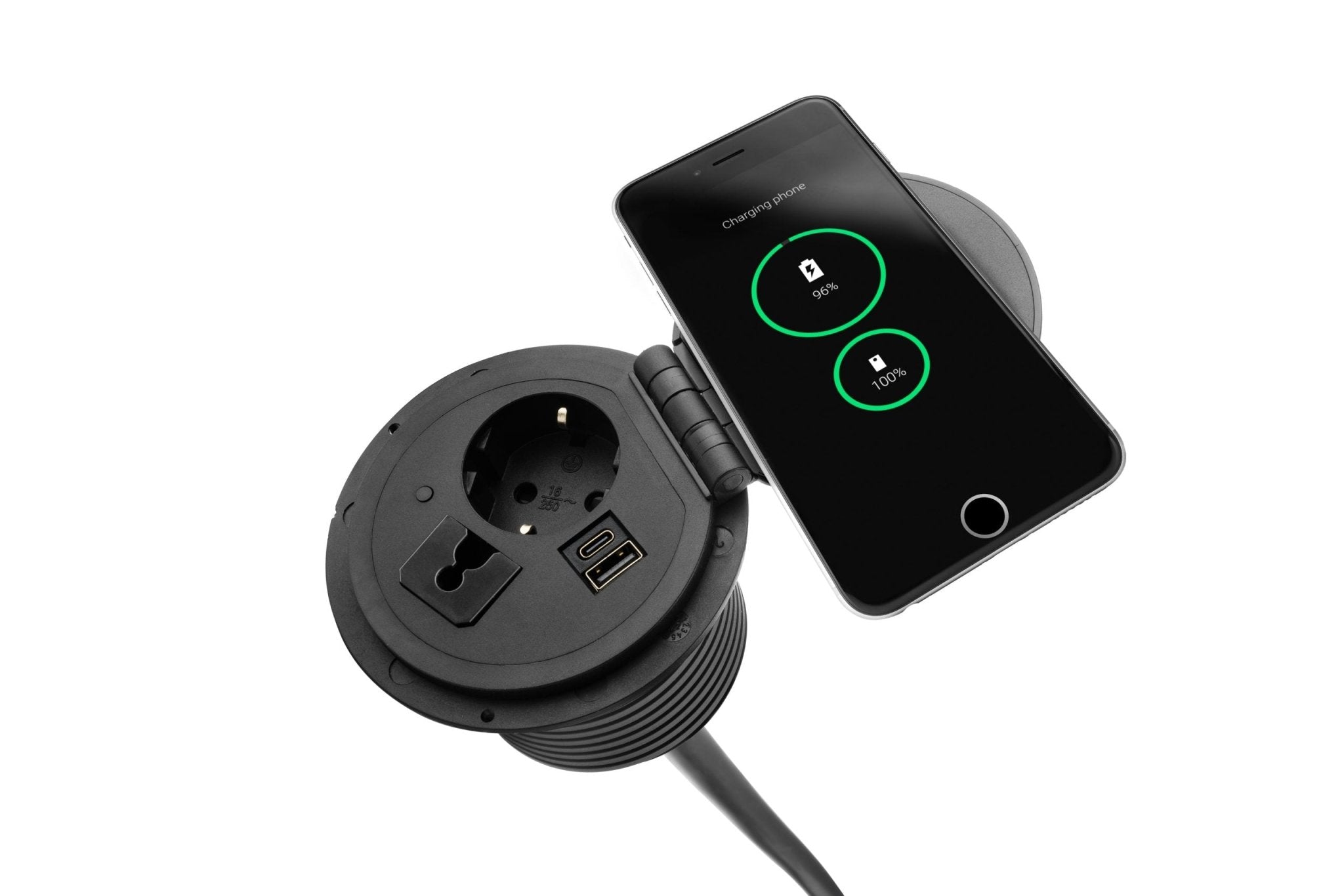 QI Power-spot zwart met 4x 230V en draadloze lader bovenop