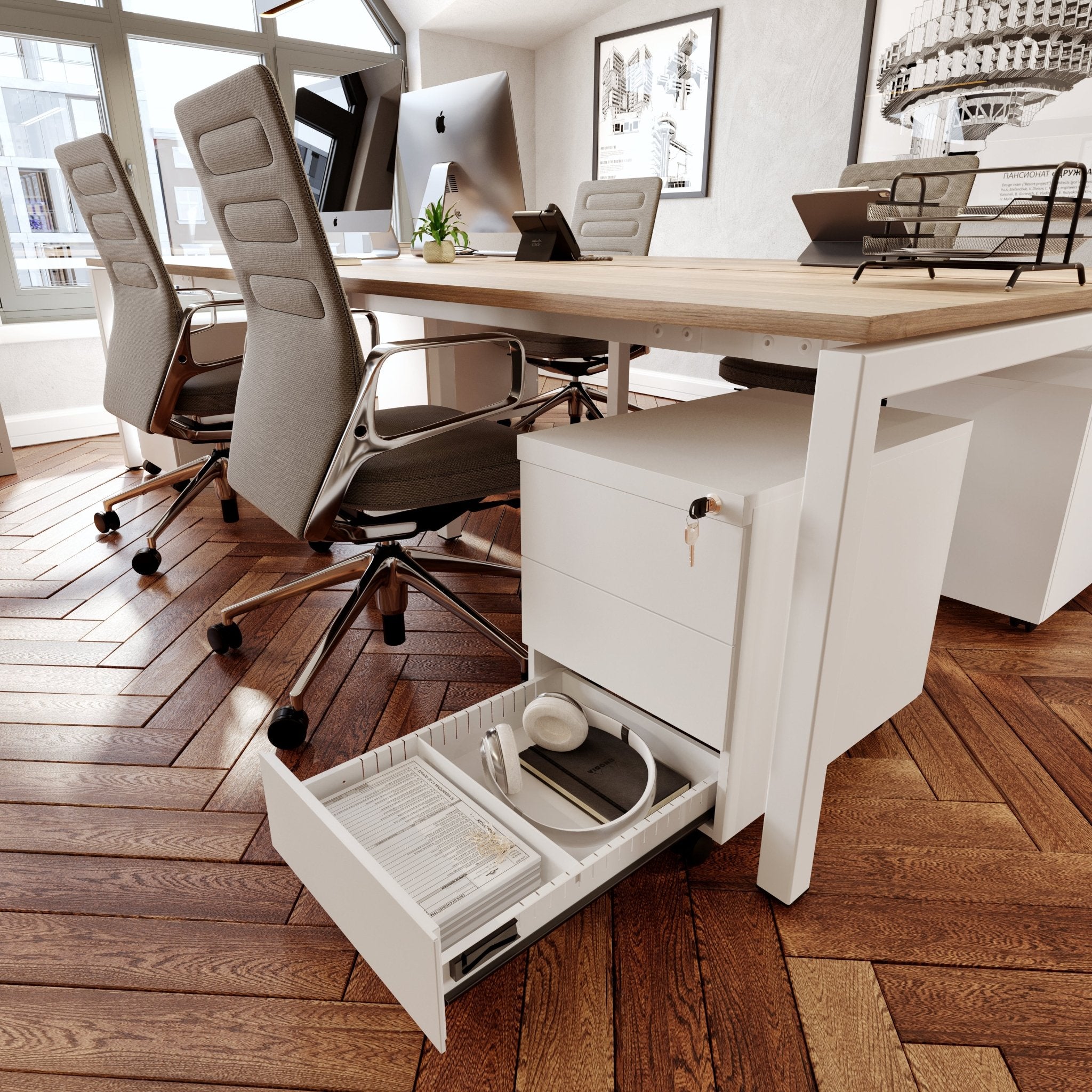 Wit rolblok met 3 laden in kantooromgeving