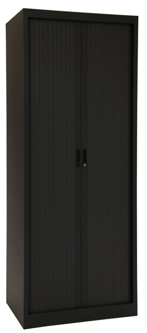 Zwarte roldeurkast met cilinderslot en 4 legborden