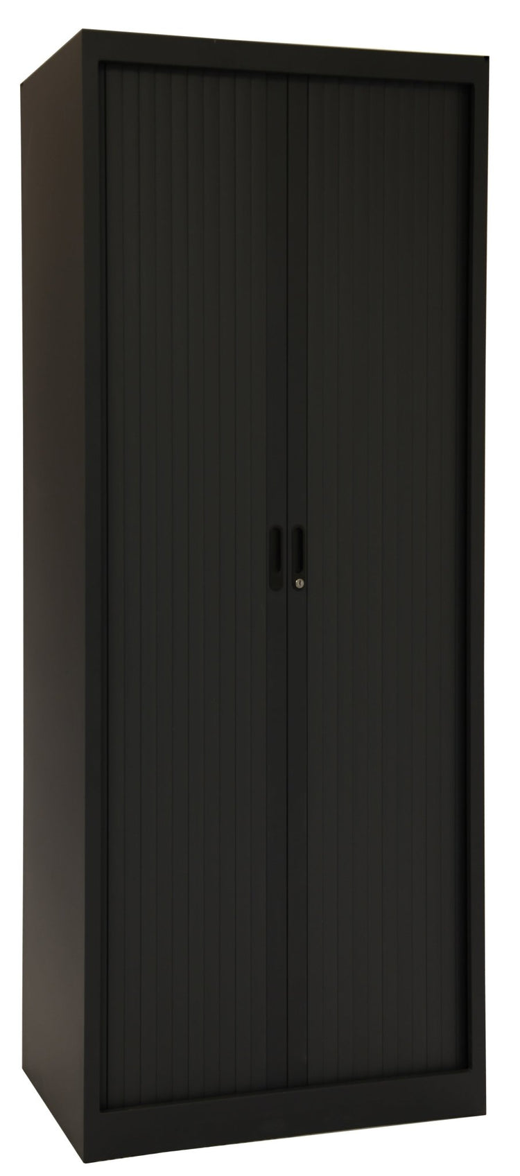 Zwarte roldeurkast met cilinderslot en 4 legborden