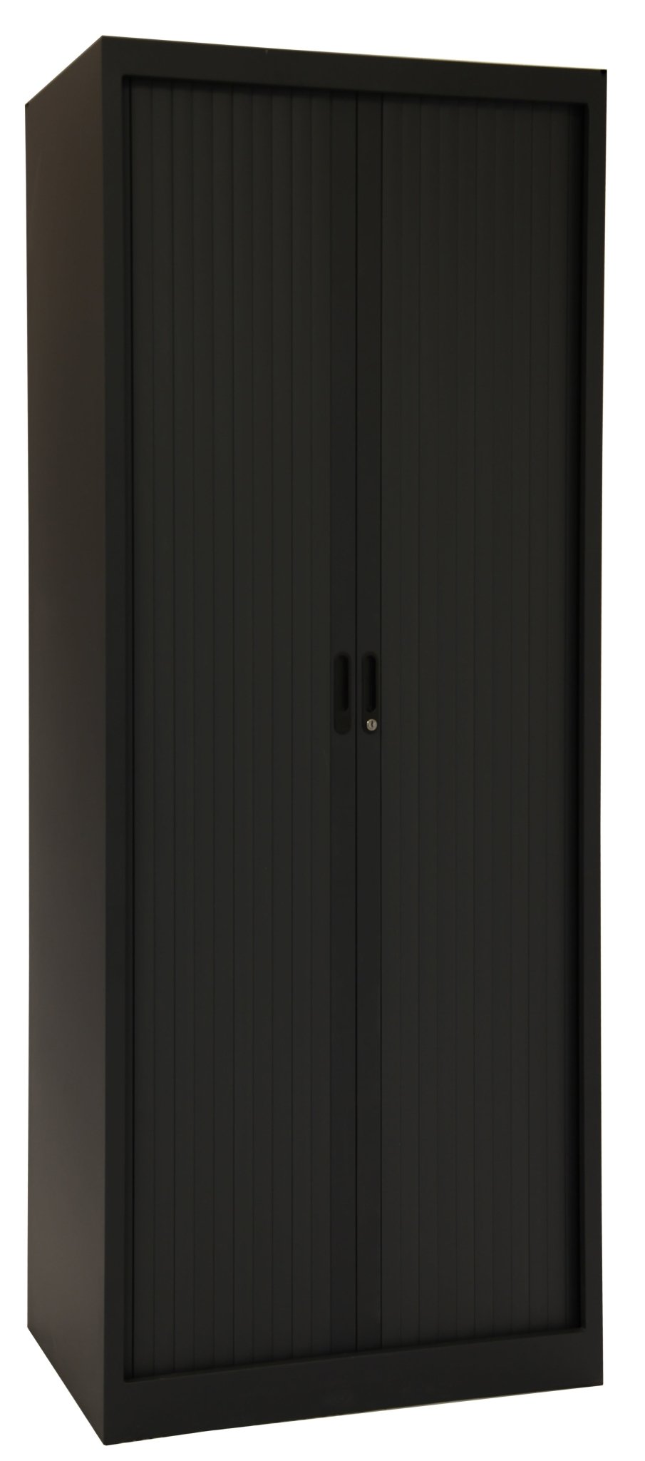 Zwarte roldeurkast met cilinderslot en 4 legborden