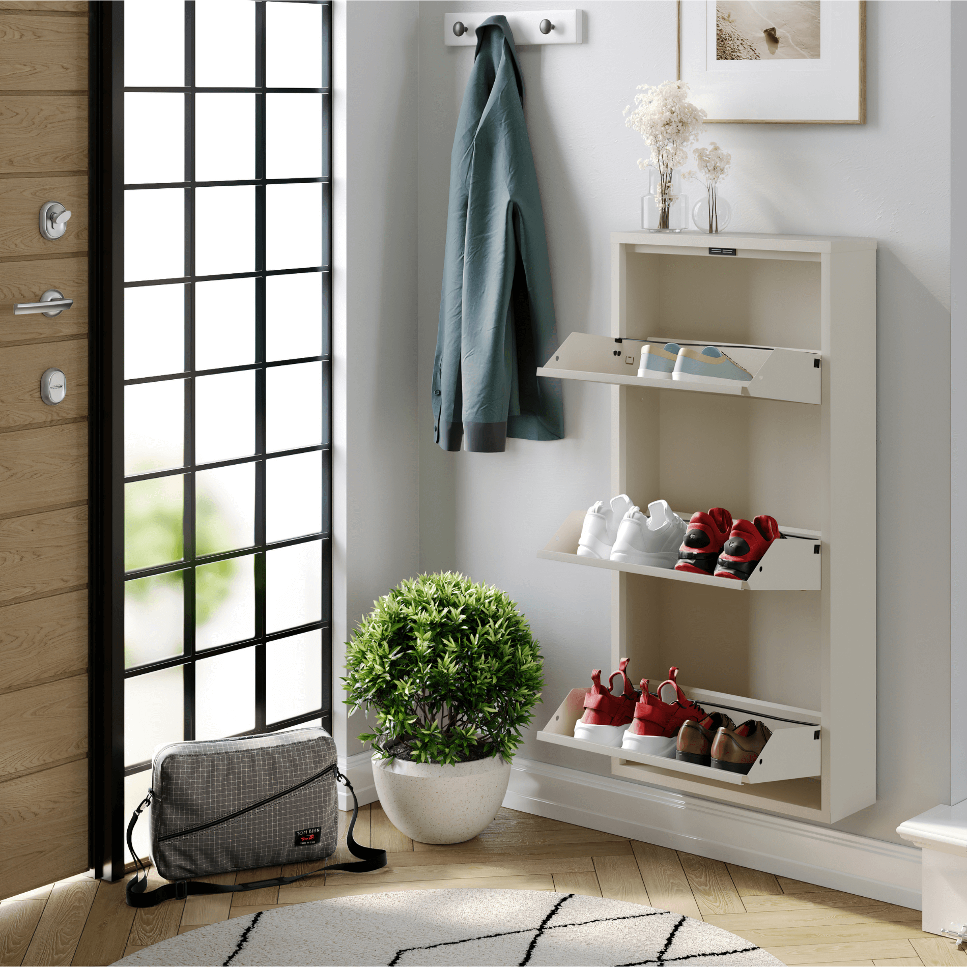 Moderne beige schoenenkast in een entreeruimte