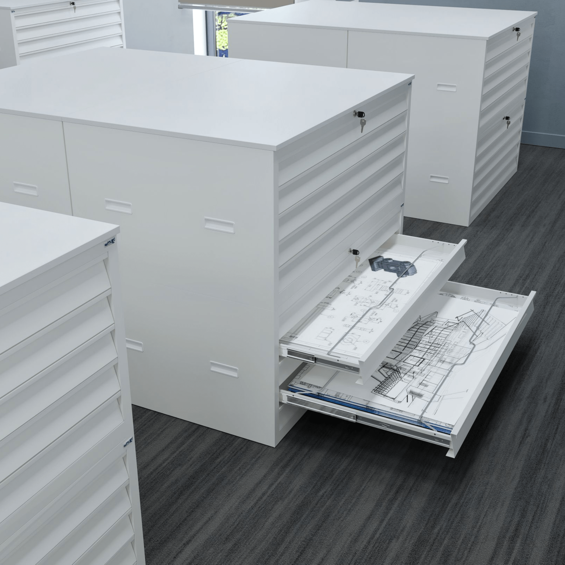 Tekening ladekast met topblad voor kantoor